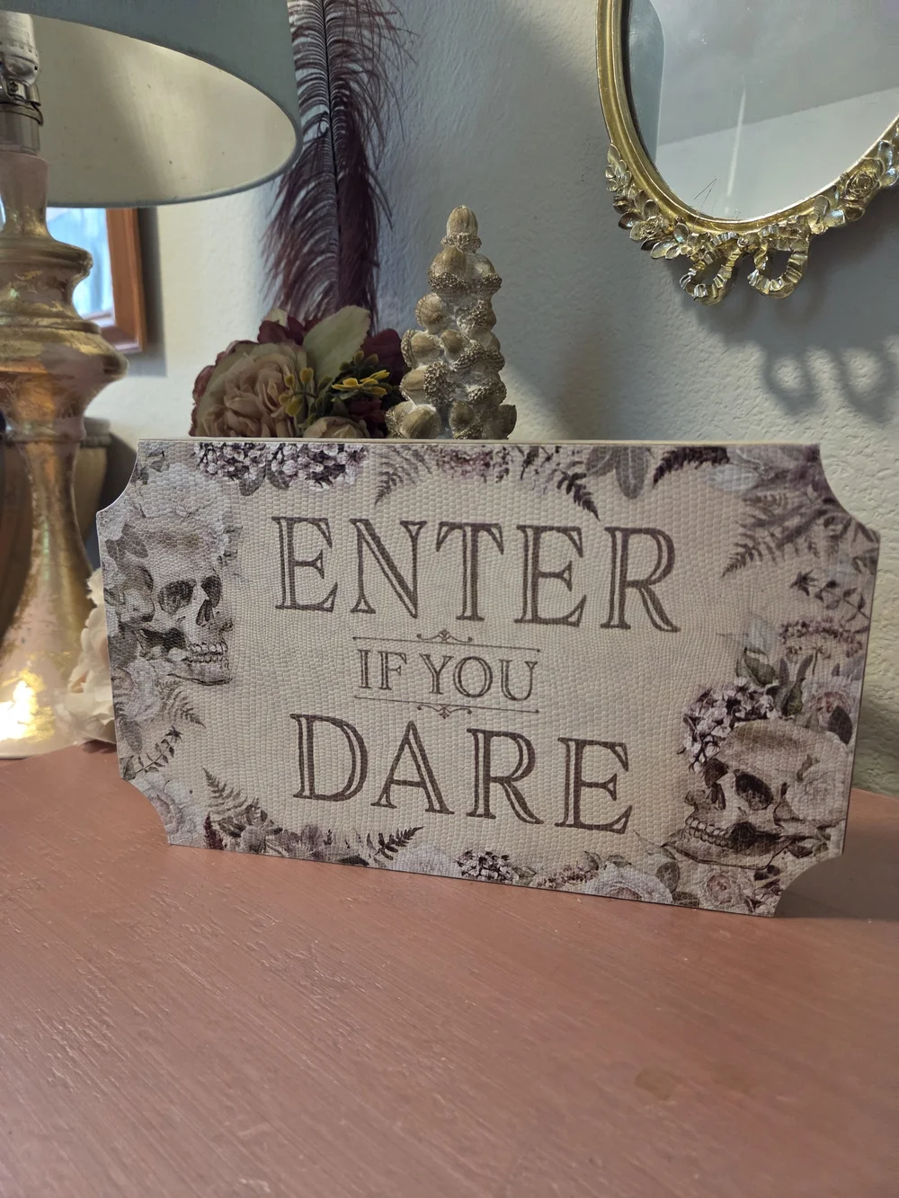 Enter If You Dare Decorative Sign - Neutral Floral Skull Accent Halloween